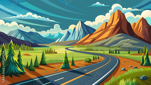 A road with a curved section, surrounded by a grassy area, leads to a mountain range in the background