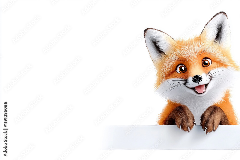 Obraz premium Cheerful Cartoon Fox Peeking Over a White Surface in a Playful Pose