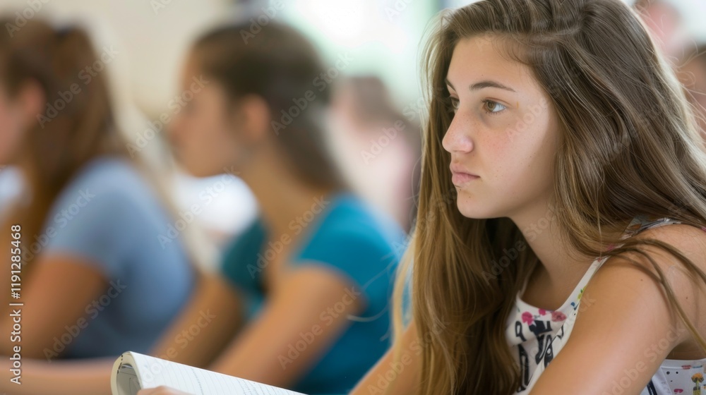 Female student studying intently in a well-lit classroom setting Female student studying intently in a well-lit classroom setting