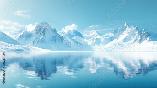 Wallpaper Mural winter landscape with snowy jagged mountain peaks reflected in the tranquil icy waters of a remote alpine lake  This peaceful serene scene captures the beauty and grandeur of the untamed wilderness Torontodigital.ca