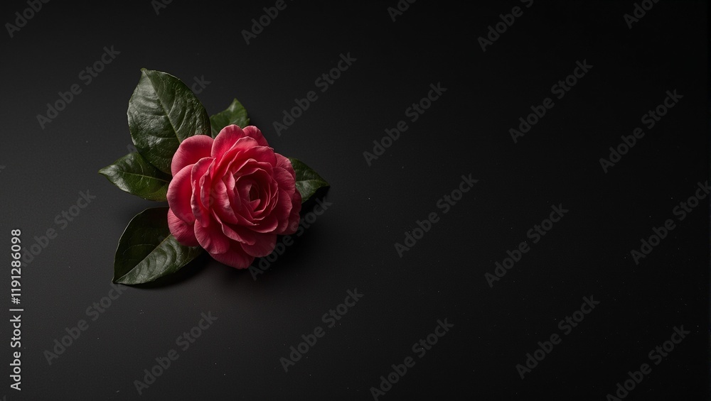 Fototapeta premium Elegant red camellia flower on glossy black surface with lush green leaves