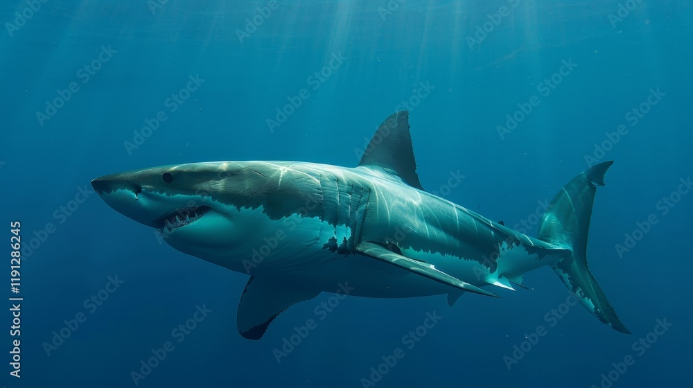 Profile view of a great white shark showcasing its muscular contours underwater Profile view of a great white shark showcasing its muscular contours underwater
