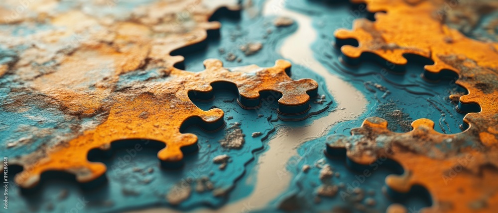 Close-up of a puzzle with blue and orange pieces. Close-up of a puzzle with blue and orange pieces.
