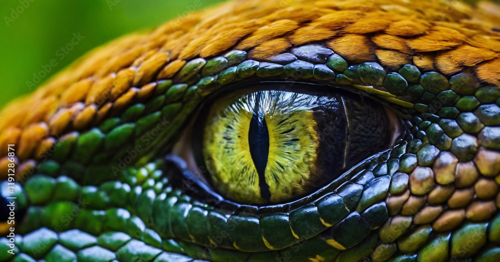 Snake eye green wildlife nature photography. Open eye carnivore fur. Dangerous predator animal tropical jungle forest hunter close up photo