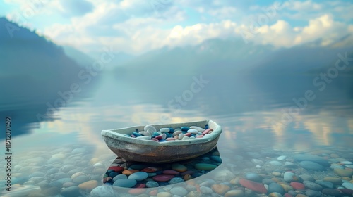 A small, isolated stone boat made from colorful stones, resting on a calm lake. photo