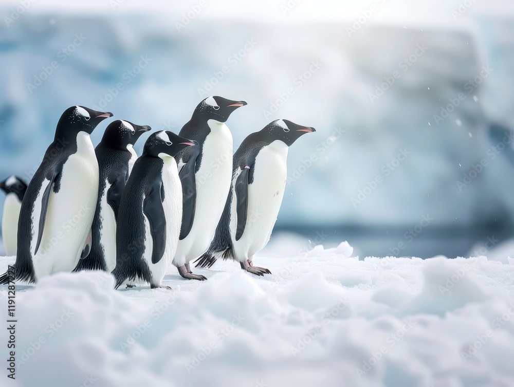 Fototapeta premium Penguins Forming a Social Group in Pristine Antarctic Ice Environment