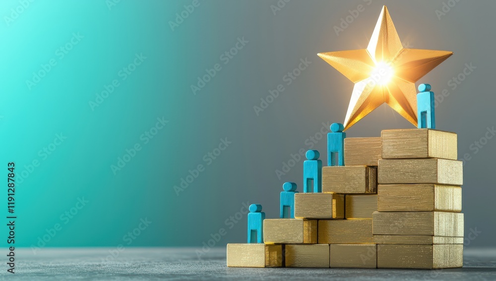 Stacked golden wooden blocks with blue figures stepping up toward a glowing star