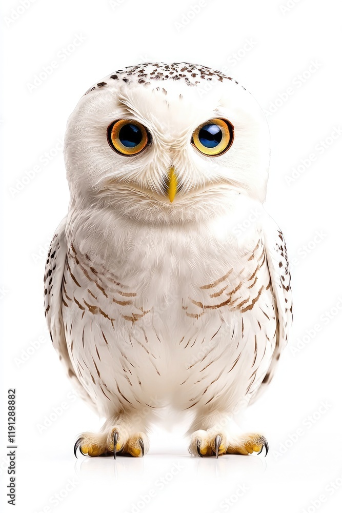 Fototapeta premium White Owl Portrait with Striking Blue Eyes Against White Background