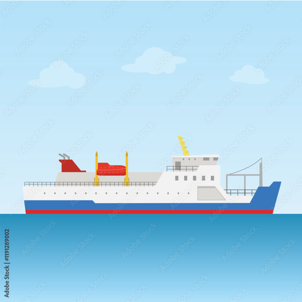 Fototapeta premium Ferry Ship Transportation on blue ocean flat design