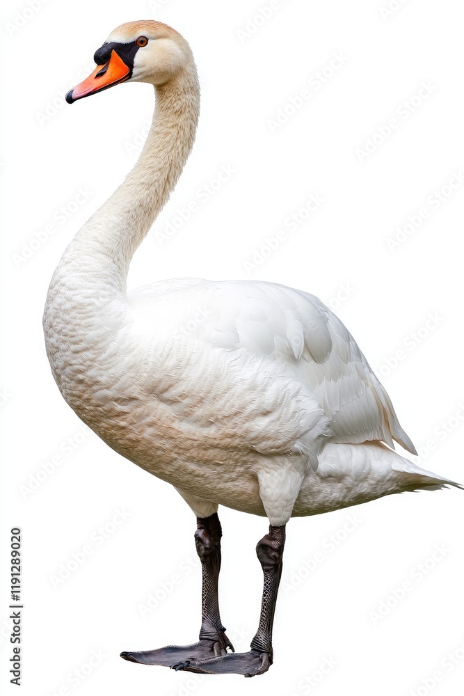 Elegant White Swan with Graceful Curved Neck on White Background Elegant White Swan with Graceful Curved Neck on White Background