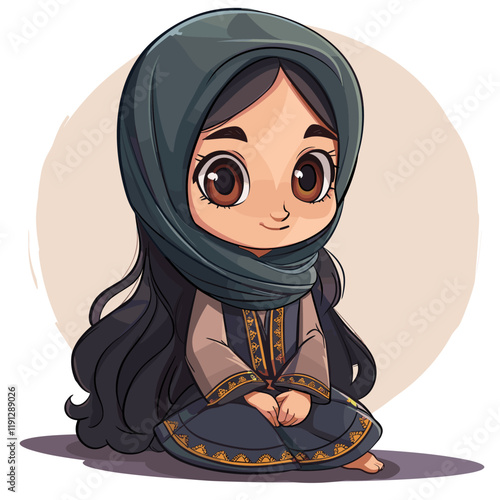 Vector illustration of Cute little Muslim girl in traditional clothes.