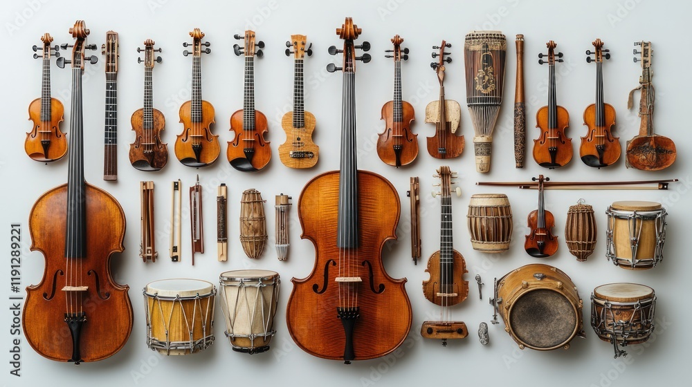 Naklejka premium Collection of diverse string and percussion instruments.