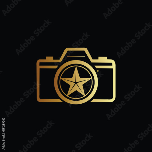 Golden Camera with Star on Black Background