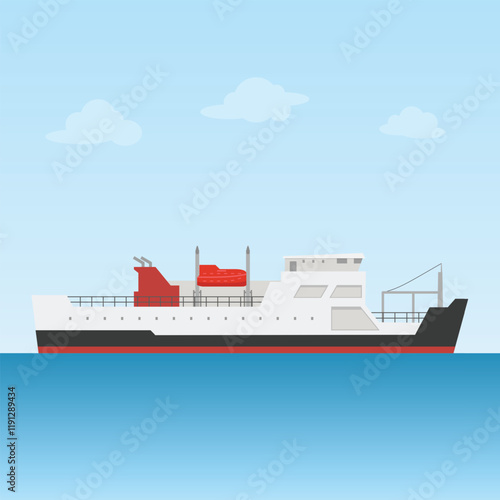 A minimalist vector illustration depicts a serene white ferry boat gliding peacefully across a calm ocean under a light blue sky. Simple, clean lines create a tranquil mood.