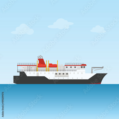 A simple illustration of a cargo ship sailing on a calm sea under a clear sky.  The vessel's clean lines and minimalist design create a serene and peaceful mood.