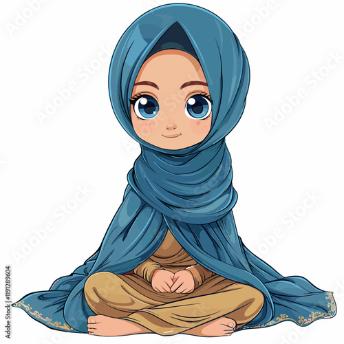 Cute little Muslim girl in hijab. Vector cartoon illustration.