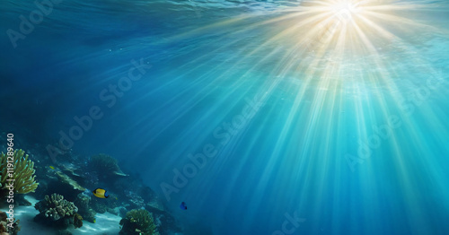 Underwater background with sun rays. Vector realistic underwater view. Ocean deep water, sea under water level, sun rays blue wave horizon.
