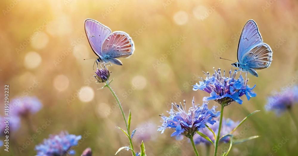 Wild light blue flowers in field and two fluttering butterfly on nature outdoors, close-up macro. Magic artistic image. Toned in blue and purple tones.