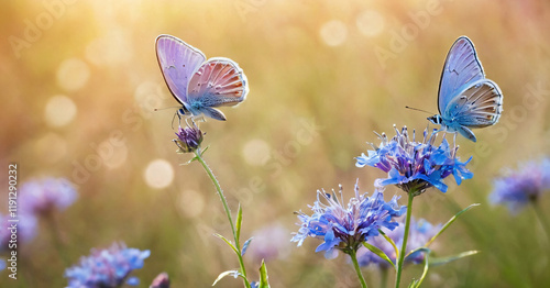 Obraz na płótnie Wild light blue flowers in field and two fluttering butterfly on nature outdoors, close-up macro. Magic artistic image. Toned in blue and purple tones. w salonie
