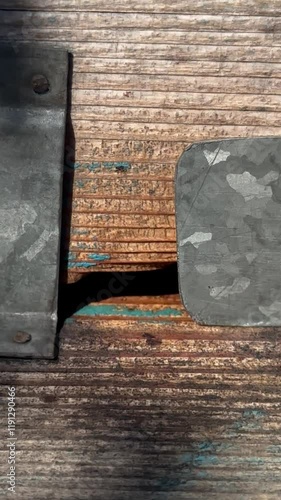 Bee walking on weathered wood among rusty metal parts, highlighting the contrast between nature and decay in a close-up shot