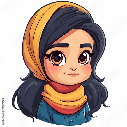 Cute cartoon Muslim girl in yellow hijab. Vector illustration.