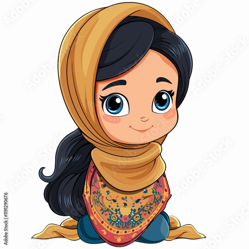 Cute cartoon Muslim girl in yellow hijab. Vector illustration.