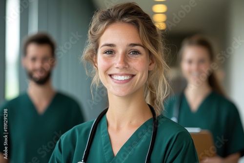 Confident Nurse Portrait in Healthcare Setting with Colleagues Nearby
