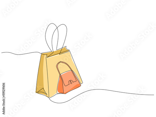 Continuous one line art of a yellow shopping bag with handles and an orange handbag in front isolated on white background, in a clean and simple vector illustration style, Editable stroke