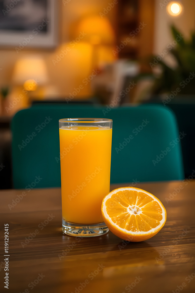 A refreshing glass of orange juice sits on a wooden table next to a halved orange, with a cozy indoor setting in the background. A refreshing glass of orange juice sits on a wooden table next to a halved orange, with a cozy indoor setting in the background.