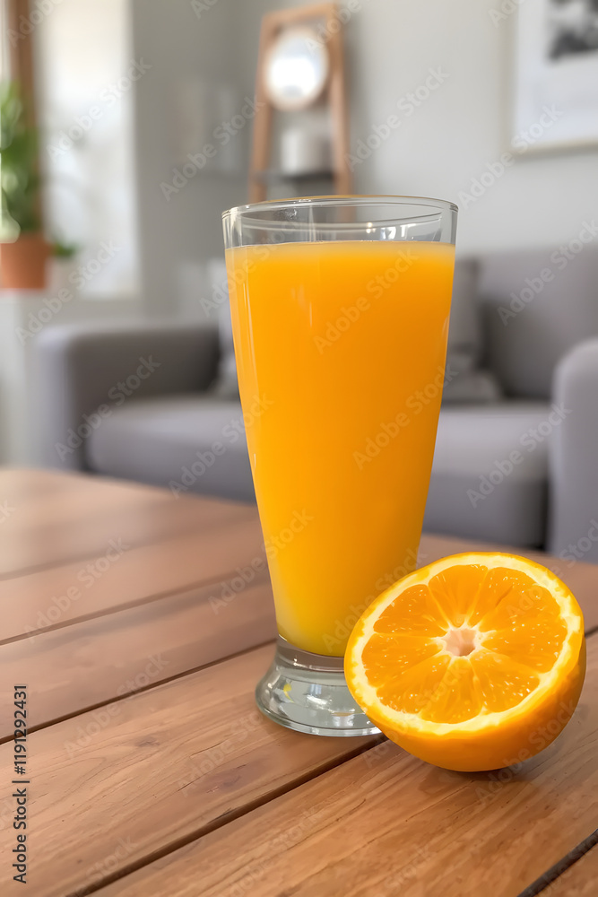 A refreshing glass of orange juice sits on a wooden table next to a halved orange, with a cozy indoor setting in the background. A refreshing glass of orange juice sits on a wooden table next to a halved orange, with a cozy indoor setting in the background.