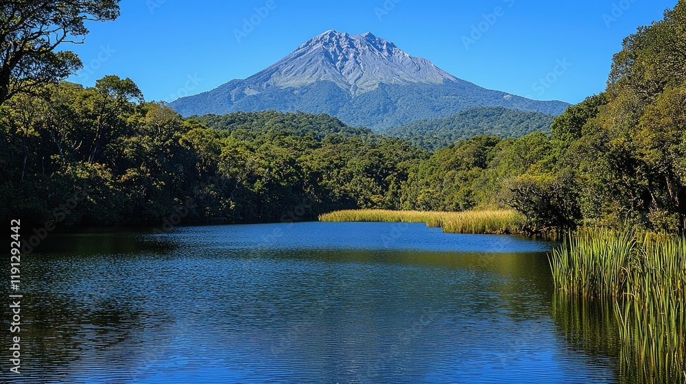 Serene lake view with majestic mountain backdrop Serene lake view with majestic mountain backdrop