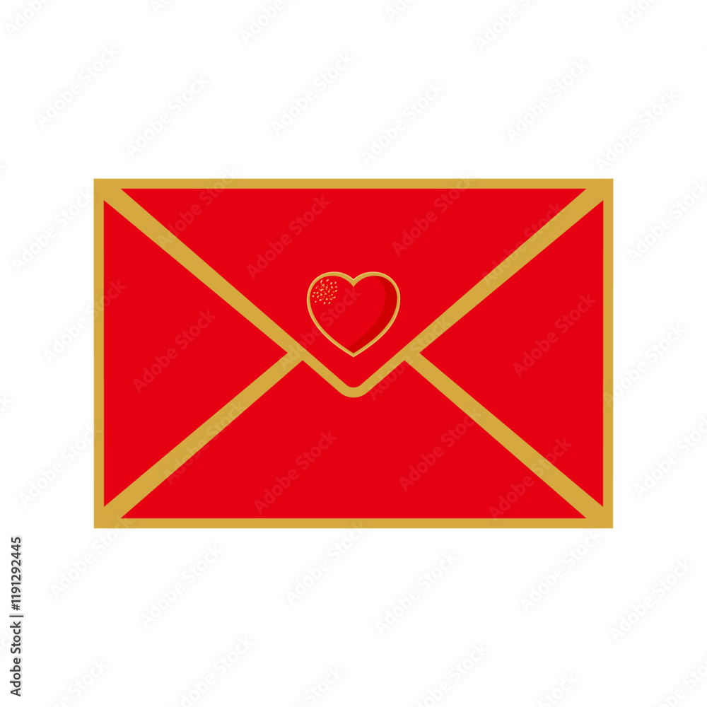 Red envelope with gold outline and heart isolated on white background. Vector. Red envelope with gold outline and heart isolated on white background. Vector.