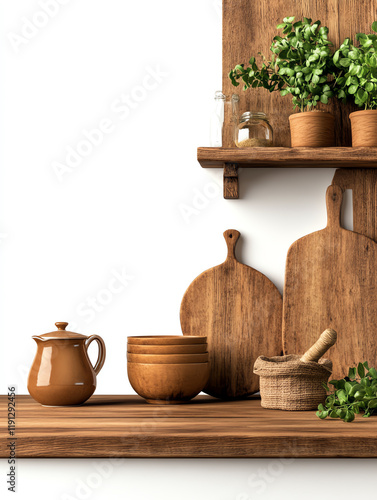 Charming kitchen shelf display with wooden utensils, pots, and fresh herbs for a cozy culinary ambiance.
