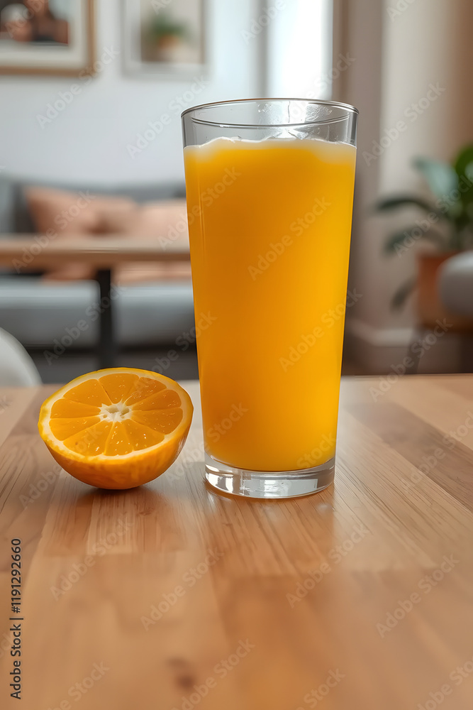 A refreshing glass of orange juice sits on a wooden table next to a halved orange, with a cozy indoor setting in the background. A refreshing glass of orange juice sits on a wooden table next to a halved orange, with a cozy indoor setting in the background.
