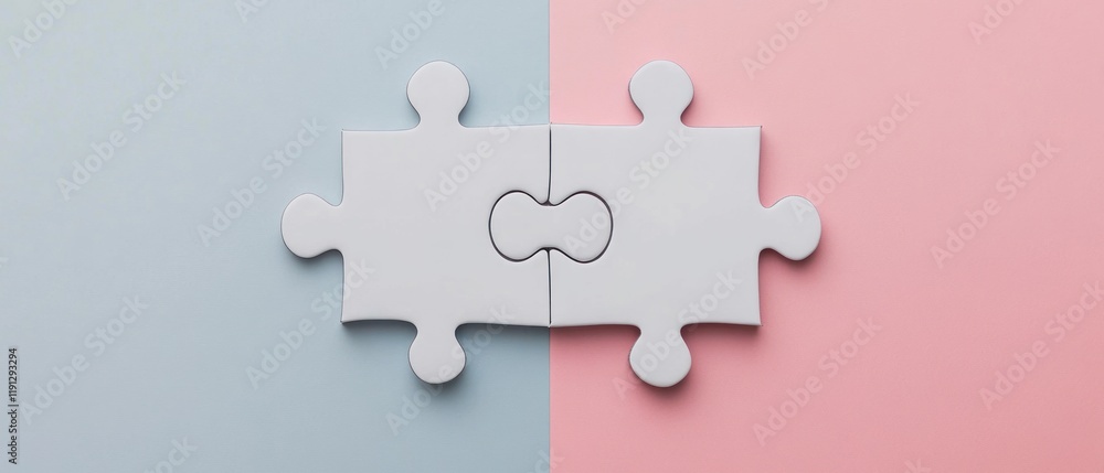 Obraz premium Two white puzzle pieces fitting together on a pink and blue background.
