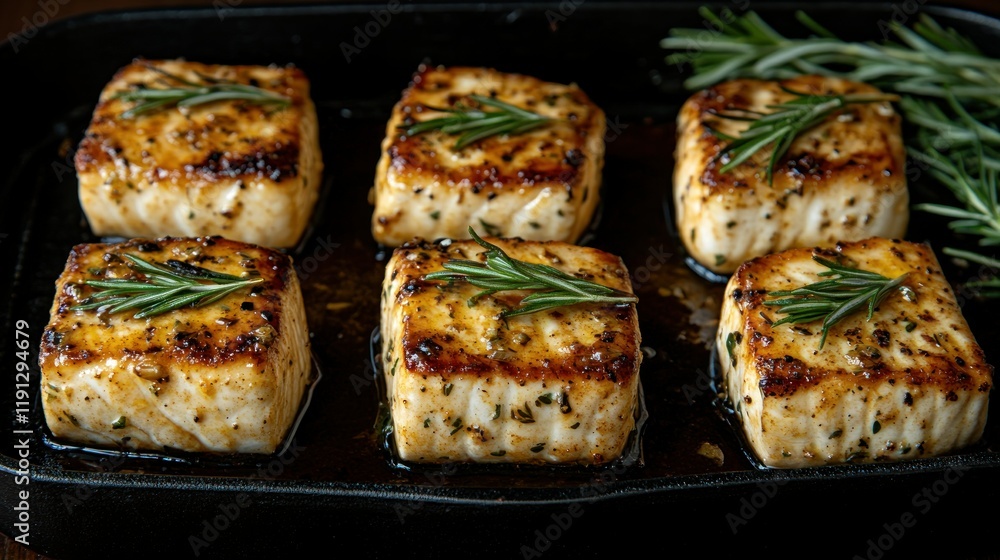 Grilled fish fillets garnished with rosemary. Grilled fish fillets garnished with rosemary.