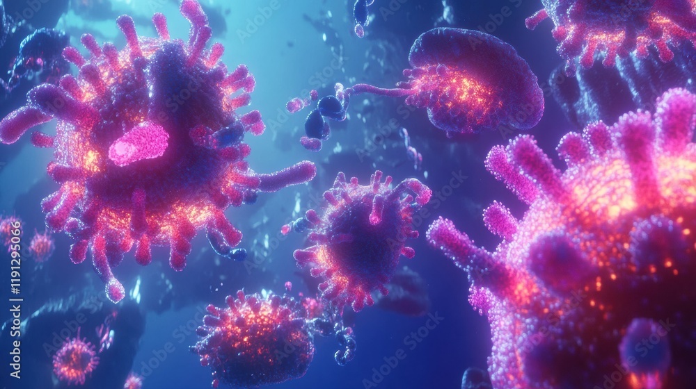 Fototapeta premium Antibodies target glowing viruses in an animated microscopic environment. Generative AI