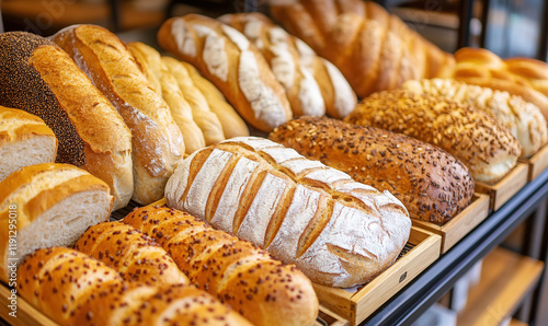 Freshly baked bread varieties displayed on racks in a warm bakery, inviting aroma filling the air during the morning hours photo