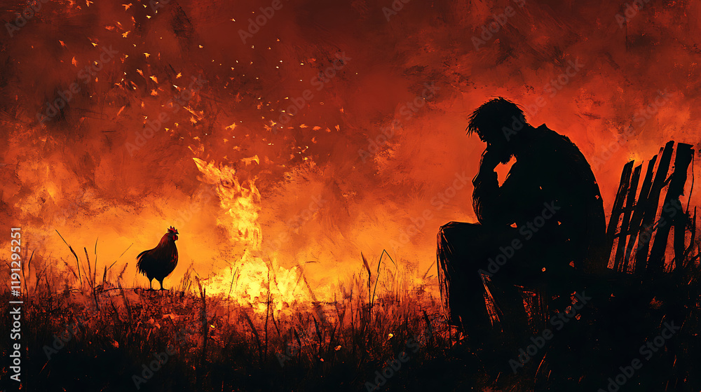 Fototapeta premium A dramatic scene of Saint Peter sitting by a flickering fire, head in his hands, the faint silhouette of a rooster perched on a wooden fence in the distance, warm and muted tones, intricate textures,
