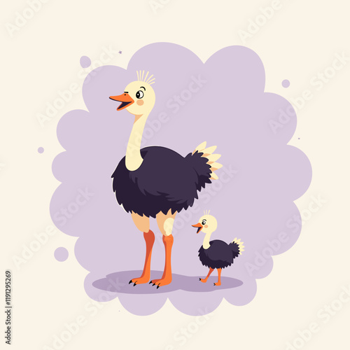 Playful ostrich and baby laughing in purple backdrop, joyful exploration