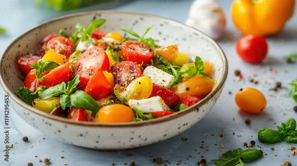 Fresh garden salad with heirloom tomatoes, mozzarella, and basil, perfect for a summer lunch at a cozy outdoor setting Fresh garden salad with heirloom tomatoes, mozzarella, and basil, perfect for a summer lunch at a cozy outdoor setting