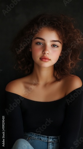 Young woman with natural makeup and wavy hair looking straight into the camera. She is wearing a black off-shoulder top and jeans.