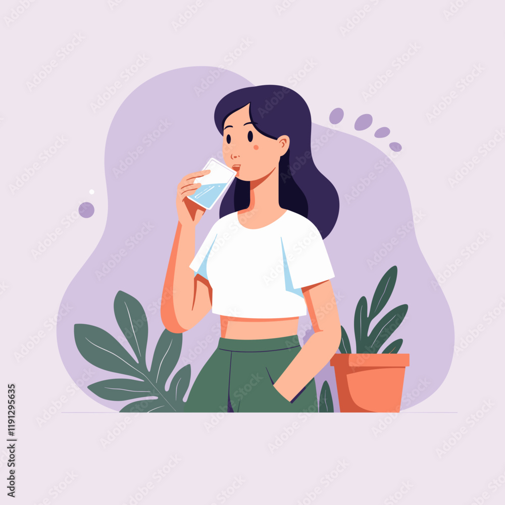 Young woman drinking water in minimalist setting, hydration concept Young woman drinking water in minimalist setting, hydration concept