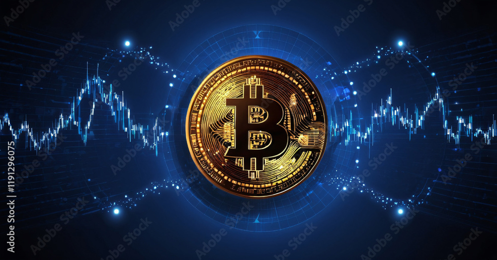 Bitcoin symbol on dark blue background. Abstract vector image. Exchange trading charts. Digital electronic currency.