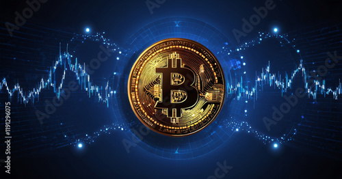 Obraz na płótnie Bitcoin symbol on dark blue background. Abstract vector image. Exchange trading charts. Digital electronic currency. w salonie