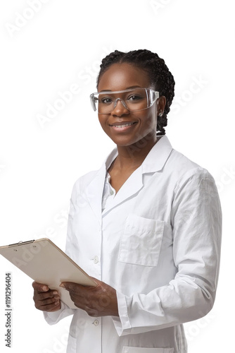 A confident African-American female scientist in her 30s, wearing a lab coat and safety glasses, holding a clipboard, isolated on transparent background, PNG file