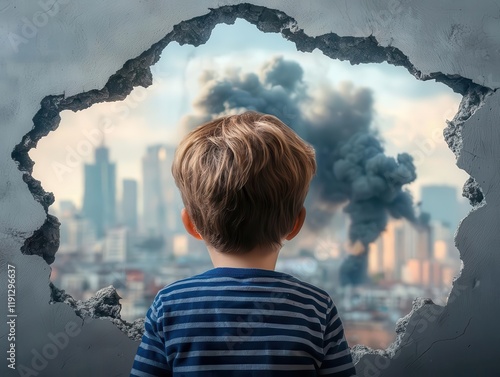 A child looking through a cracked window at a smogfilled city, representing future health challenges photo