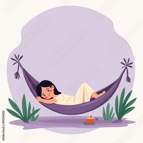 Relaxed girl lounging in hammock under palm trees, tranquil escape