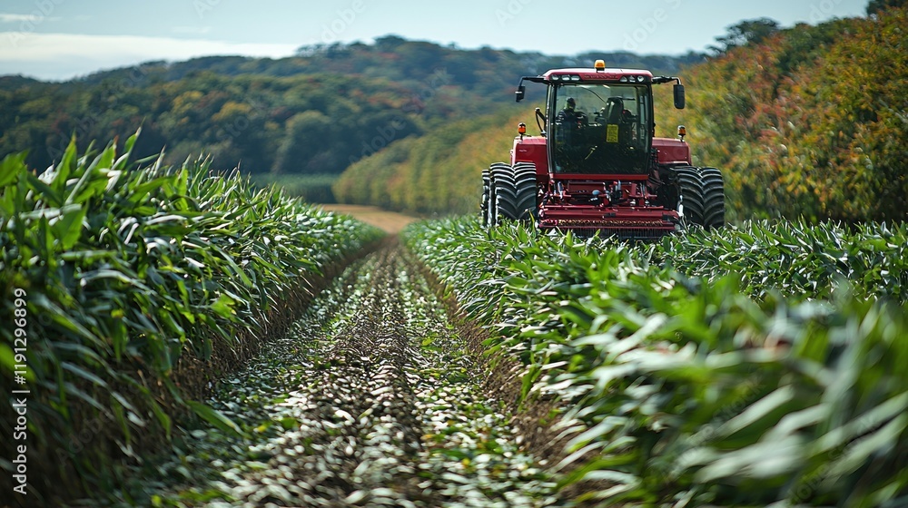 Obraz premium Harvesting Corn: A Red Tractor in a Lush Green Field