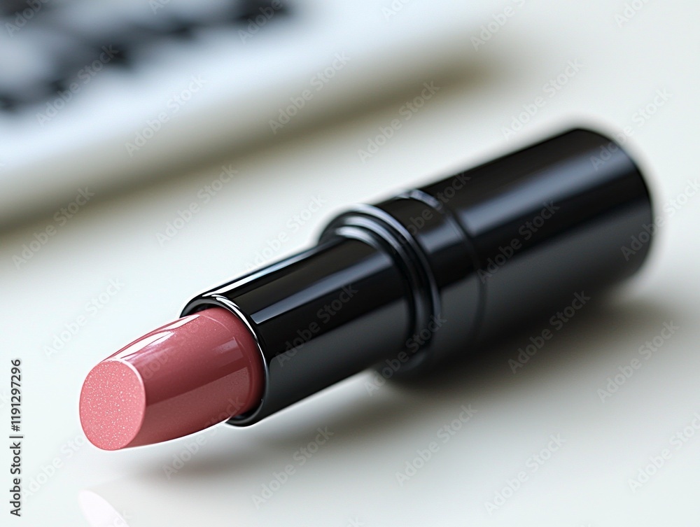 lipstick bullet in classic pink shade is twisted out of sleek black case showcased against soft white background highlights its elegance and beauty.
